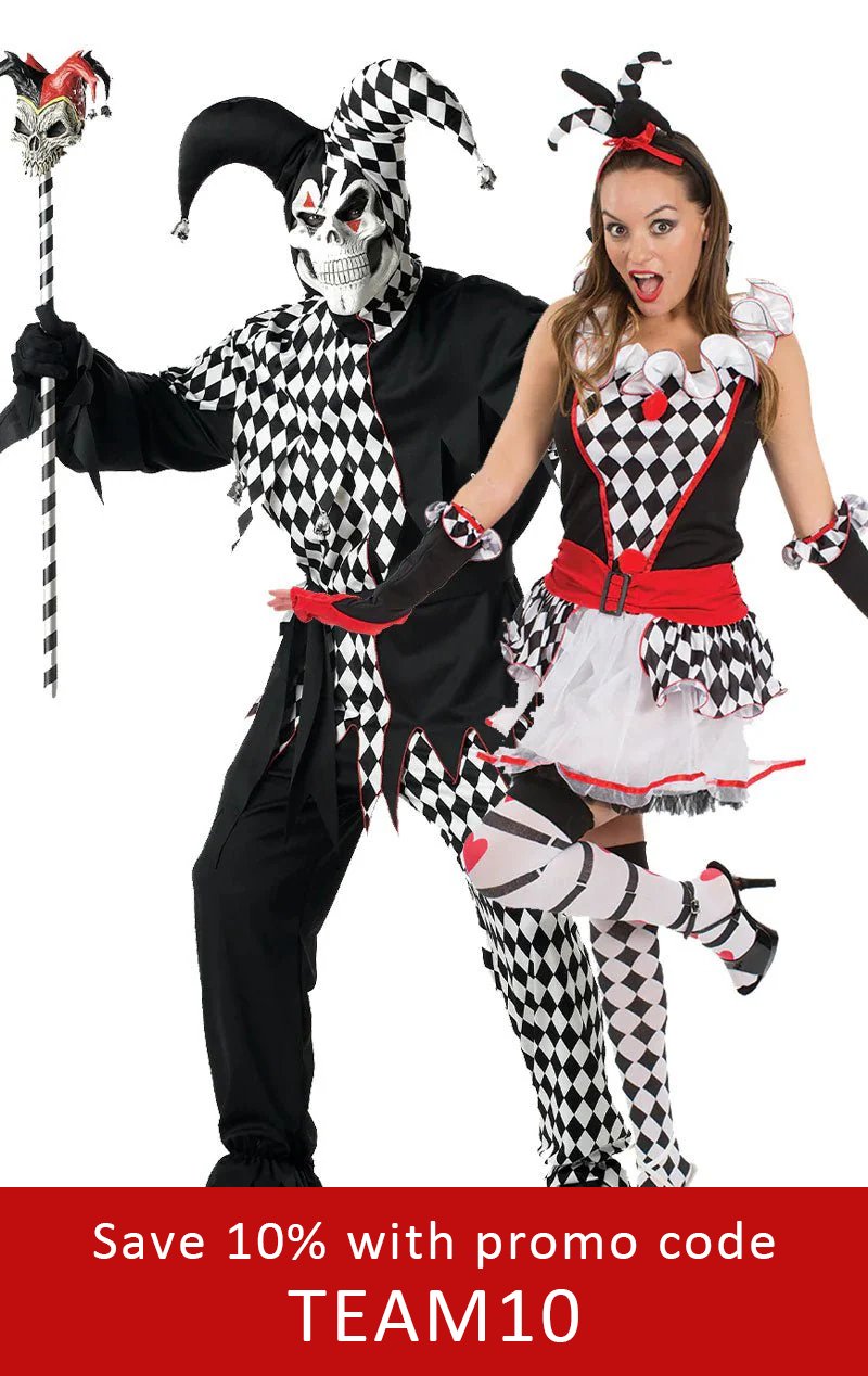 Evil Jester & Harlequin Jester Couples Costume - Fancydress.com