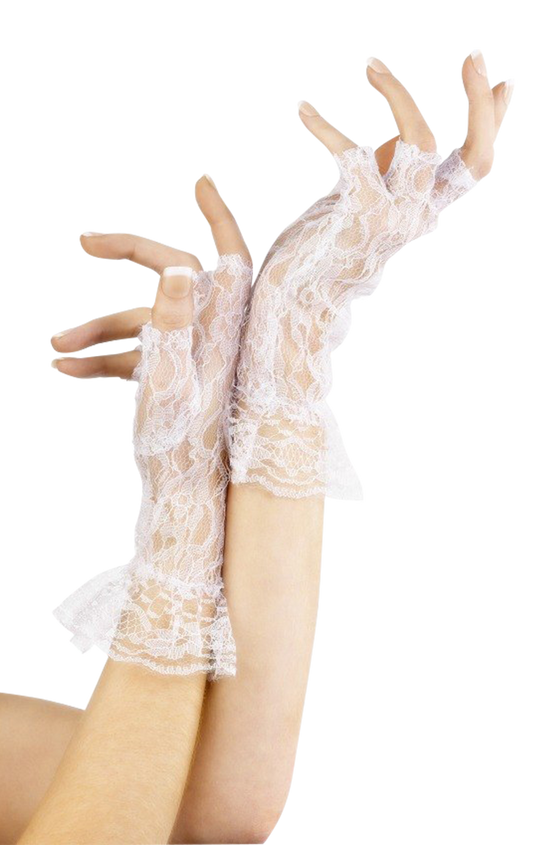 Gants sans doigts en dentelle courte blanche pour adulte