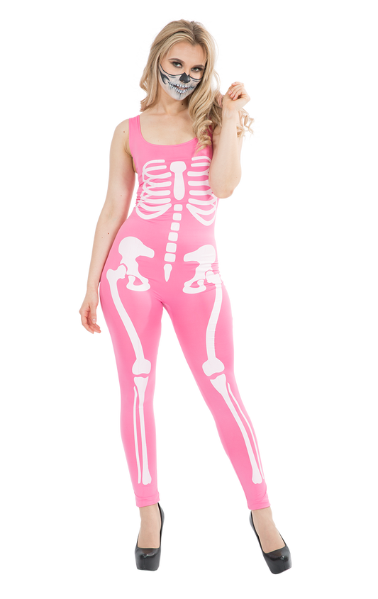 Womens Pink Skeleton Jumpsuit Costume