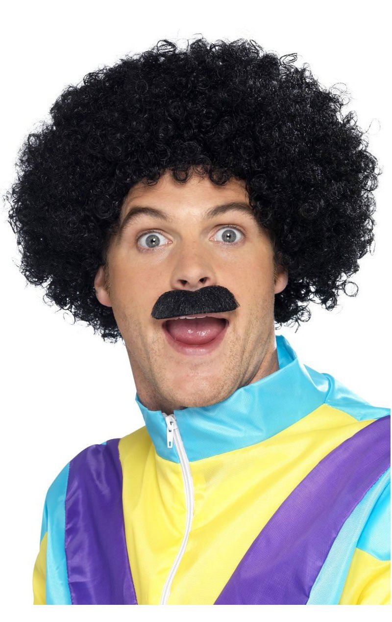 Scouser Curly Black Wig & Moustache Set - Fancydress.com